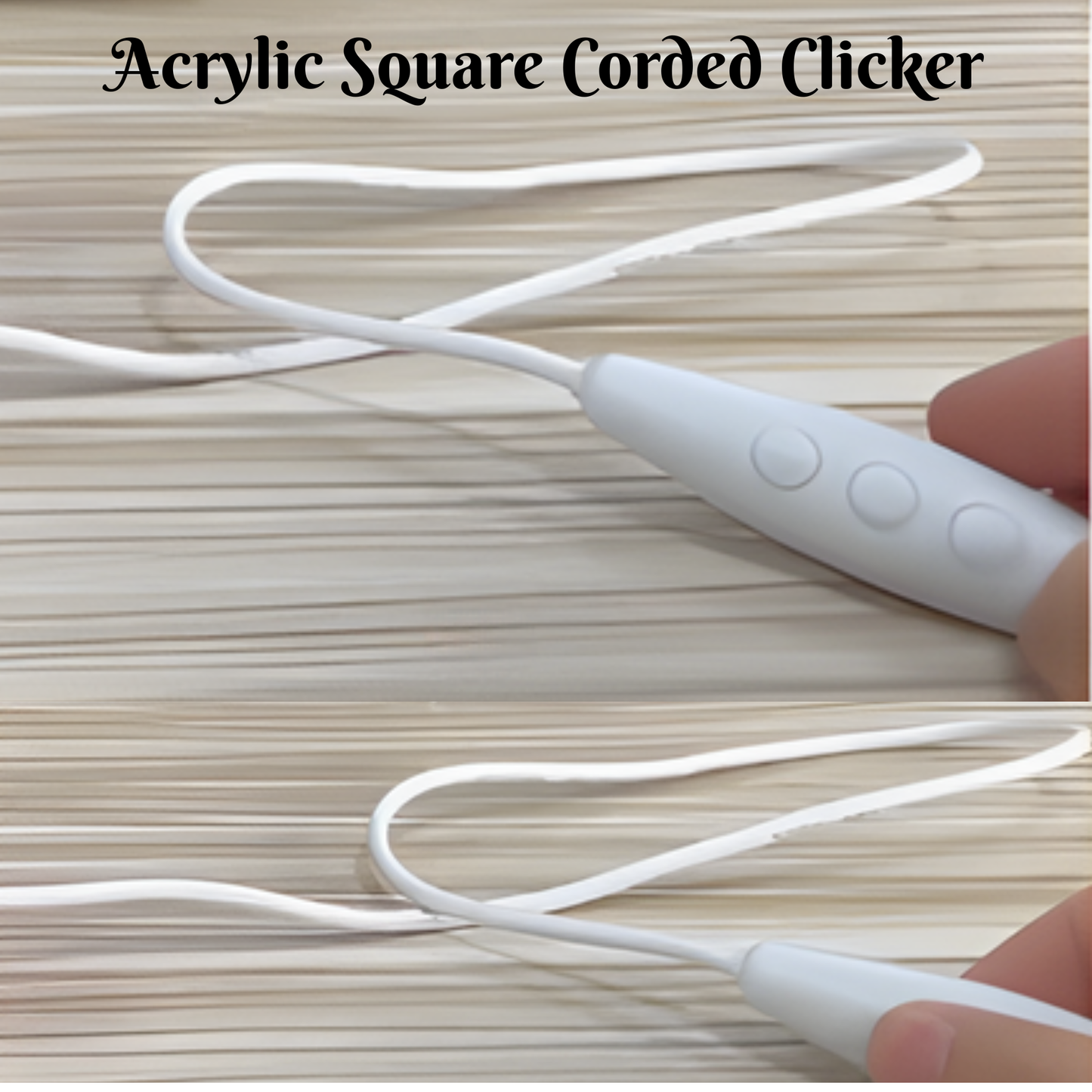 Acrylic square corded clicker held by a hand on a wooden surface
