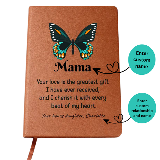 Brown notebook with butterfly design and personalized text on a white background