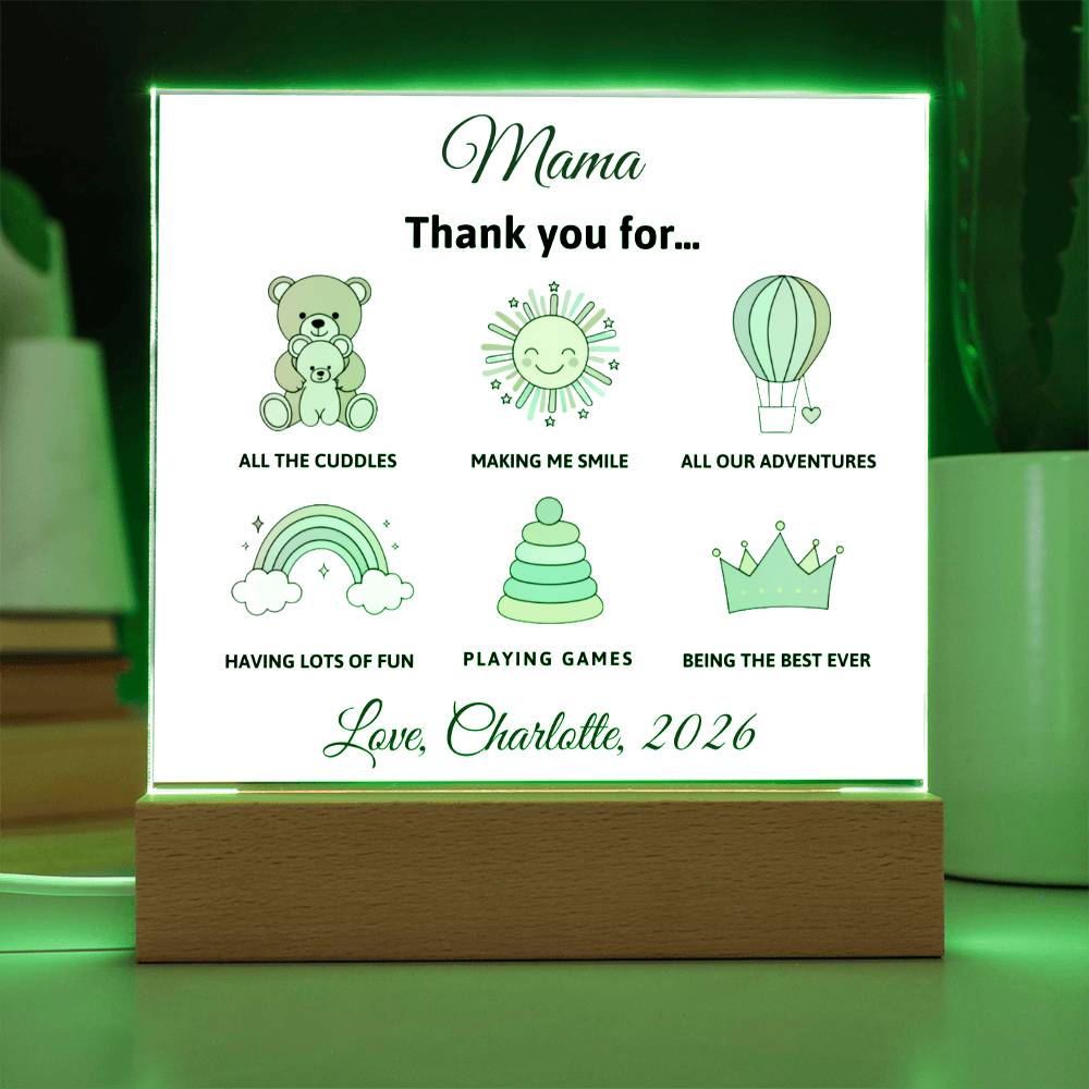 LED sign with green illustrations and text on a wooden stand, glowing green.