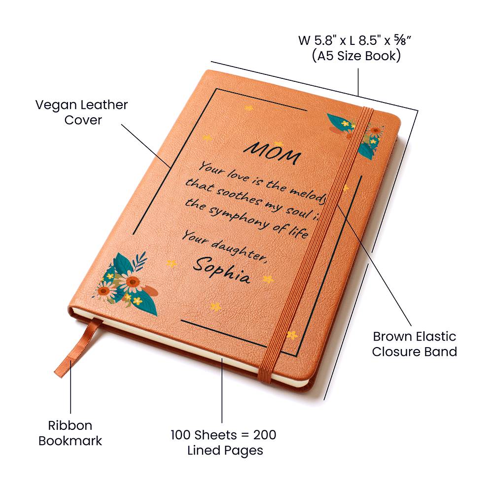 Vegan leather notebook with text and floral designs, labeled with features on a white background.