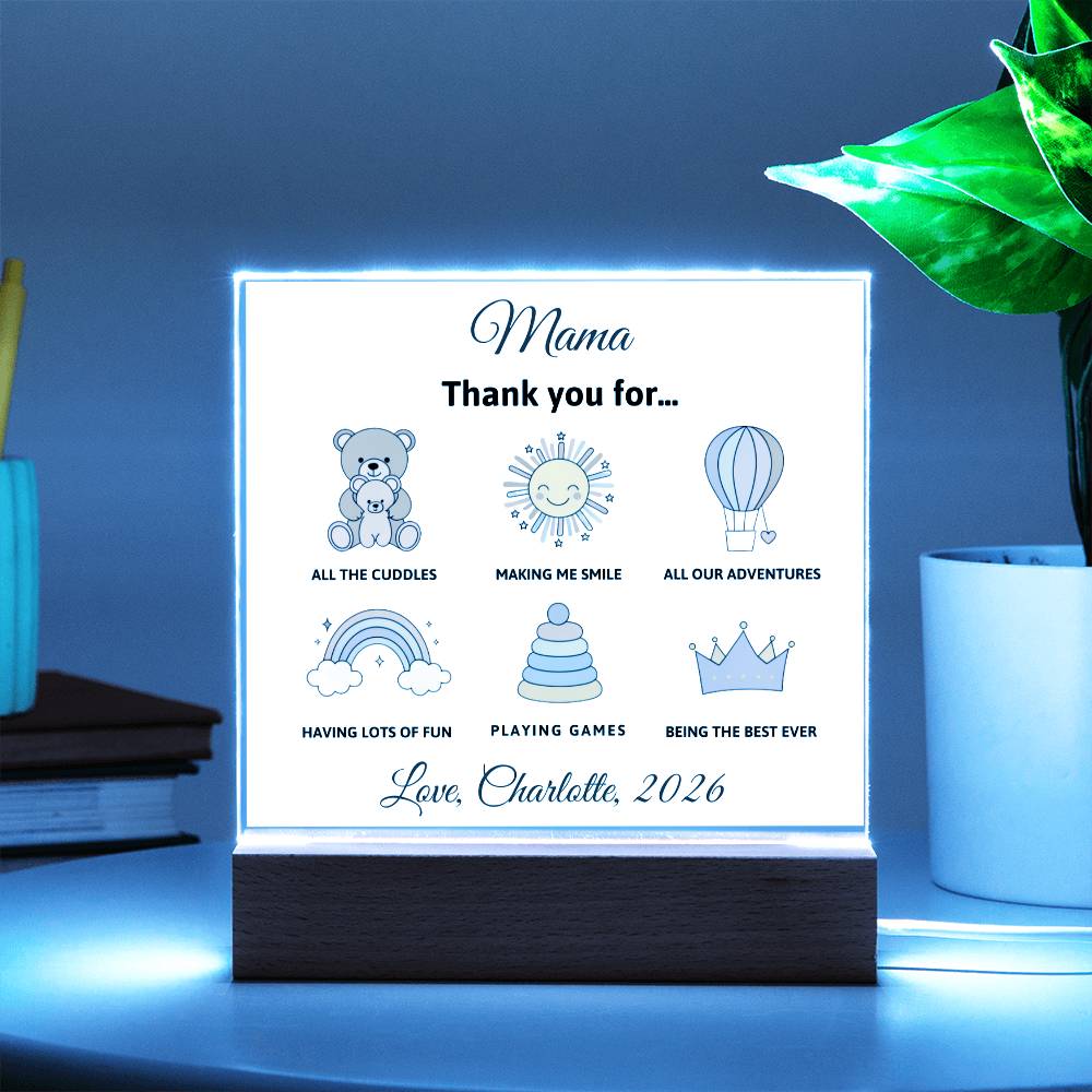 Lamp with 'Mama, Thank you for...' message and illustrations on a blue background