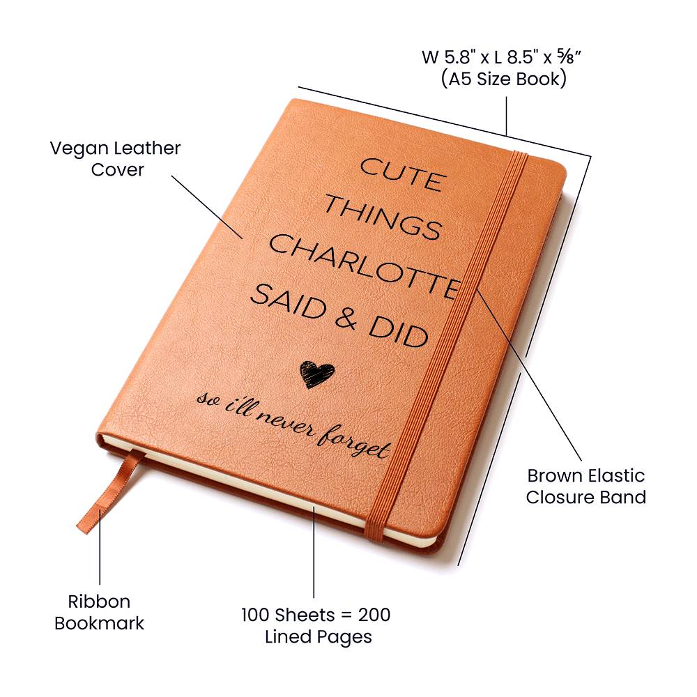 Orange notebook with text and features labeled on a white background