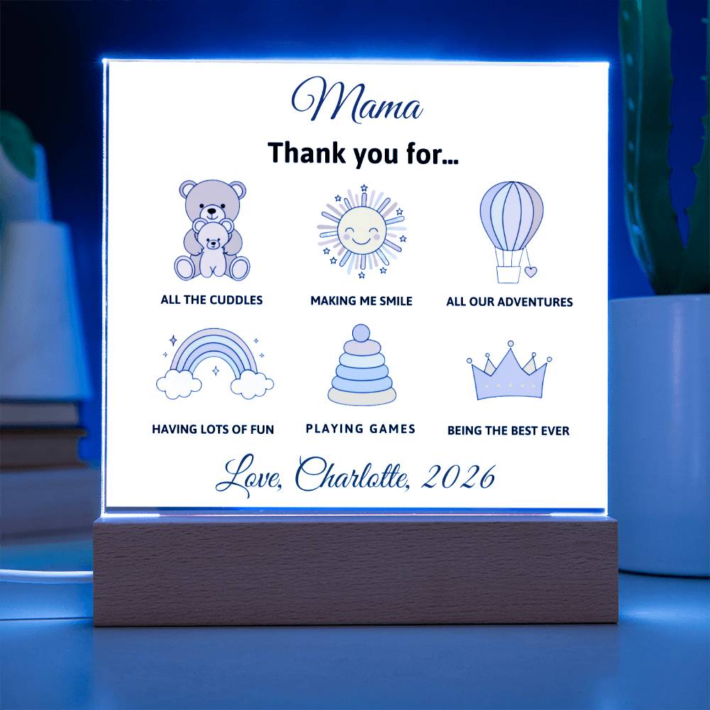 LED sign with illustrations and text on a blue background