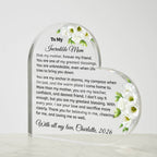 Heart-shaped glass plaque with floral design and heartfelt message to an incredible mom on a white background