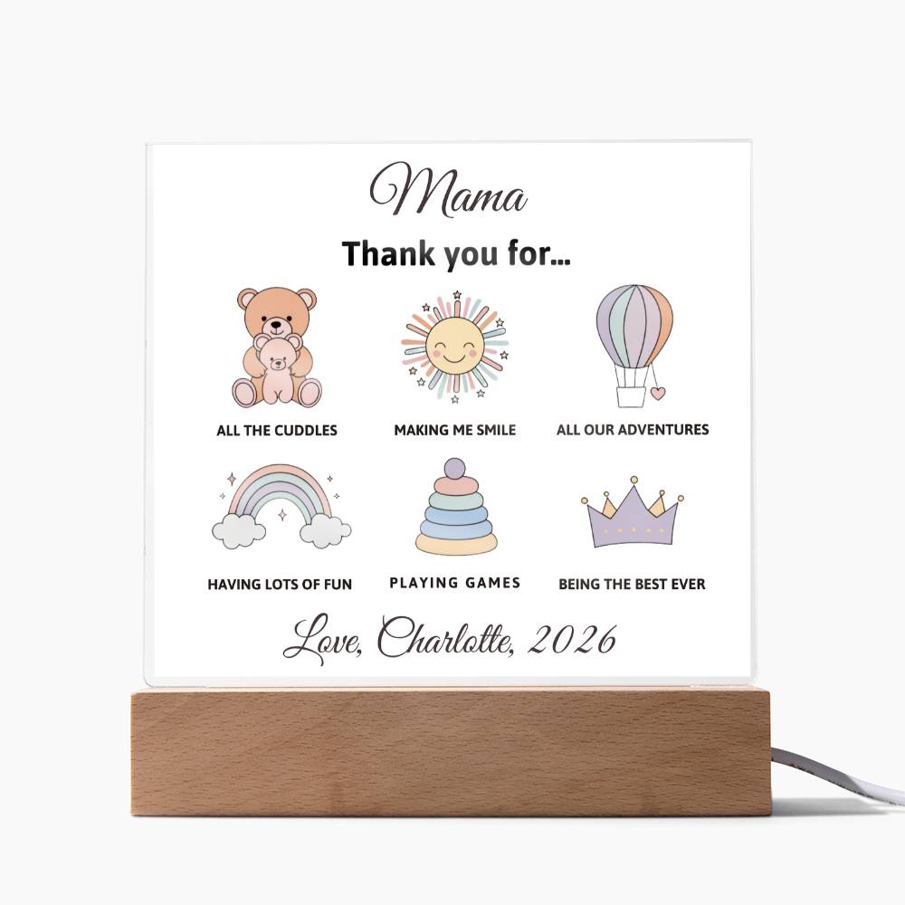 Personalized lamp with illustrations and text on a white background