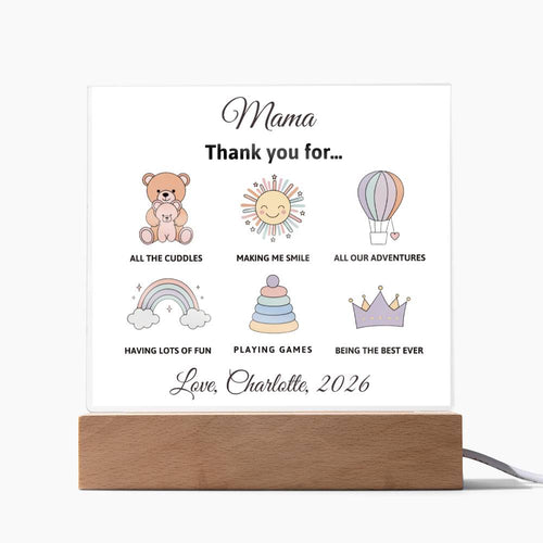 Personalized lamp with illustrations and text on a white background