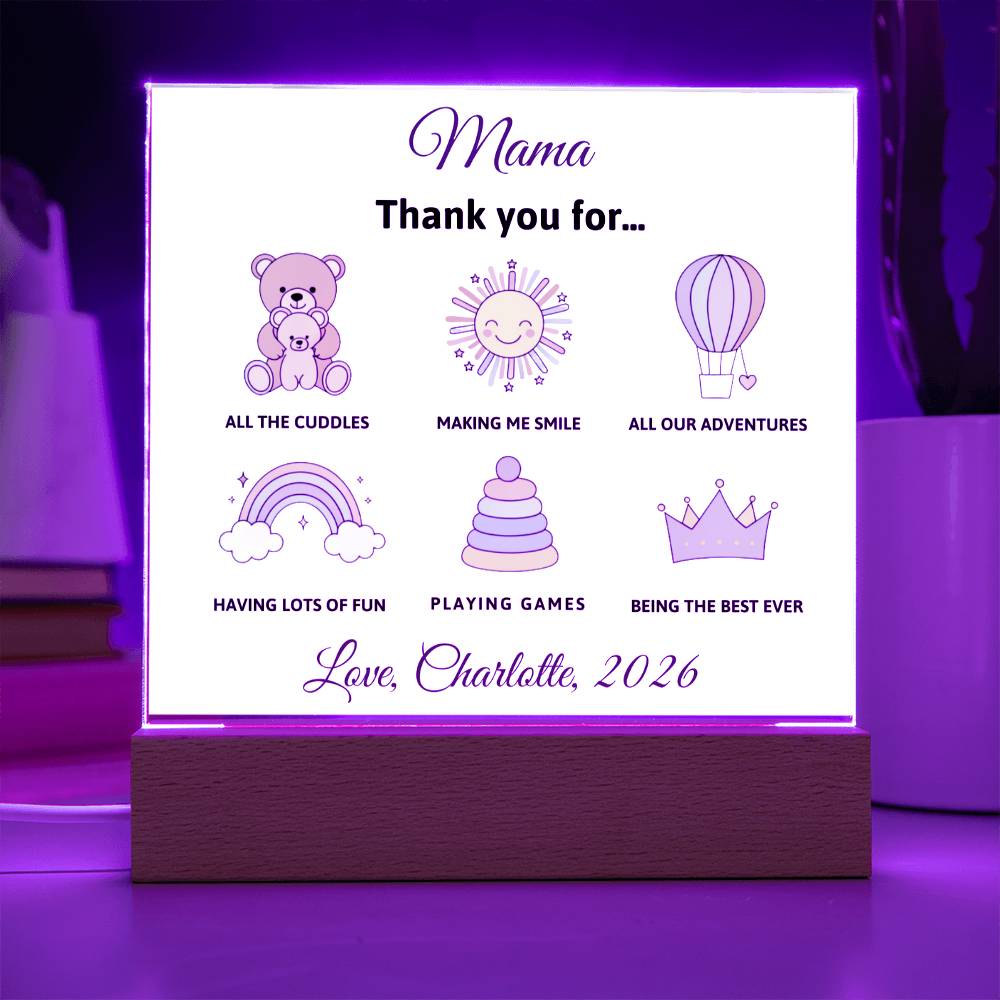 LED sign with purple graphics and text on a white background, placed on a wooden stand with a purple light.
