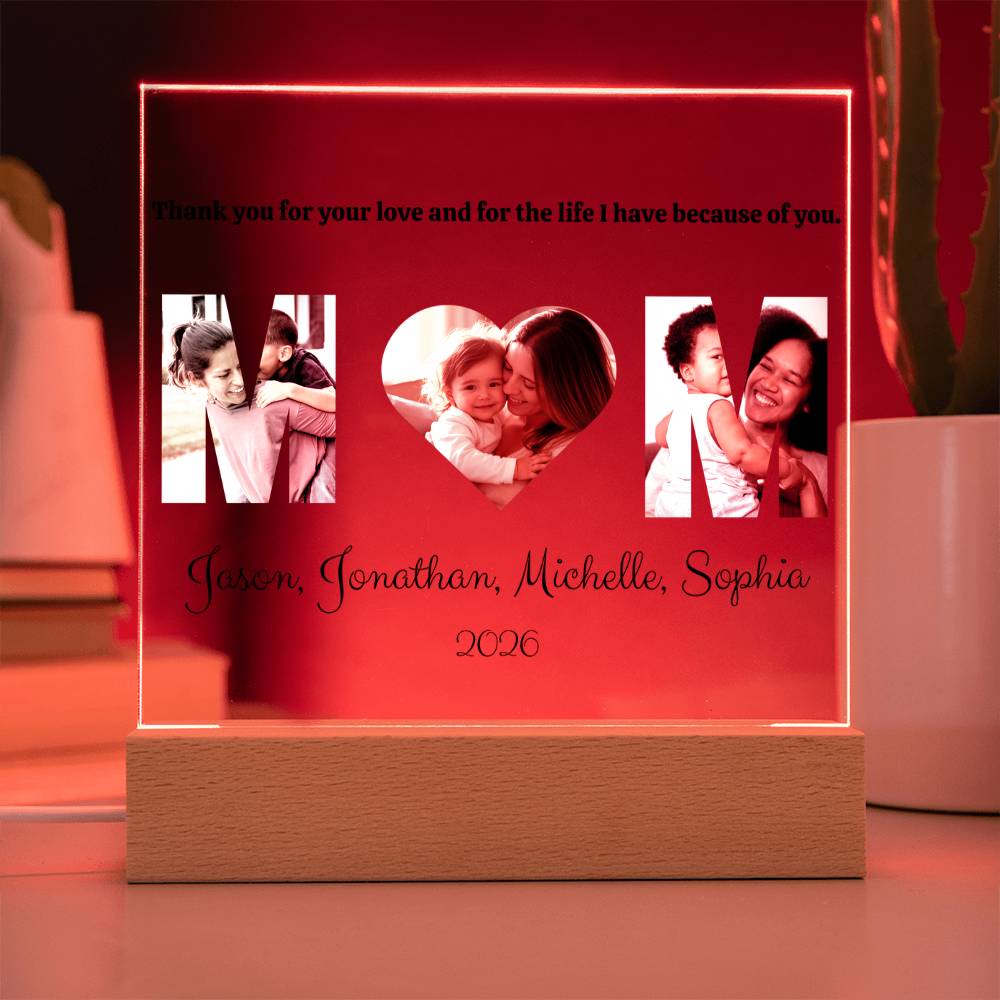 Personalized light-up display with family photos and text on a red background