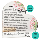 Heart-shaped plaque with floral design and personalized text for a mother, featuring customizable name and date.