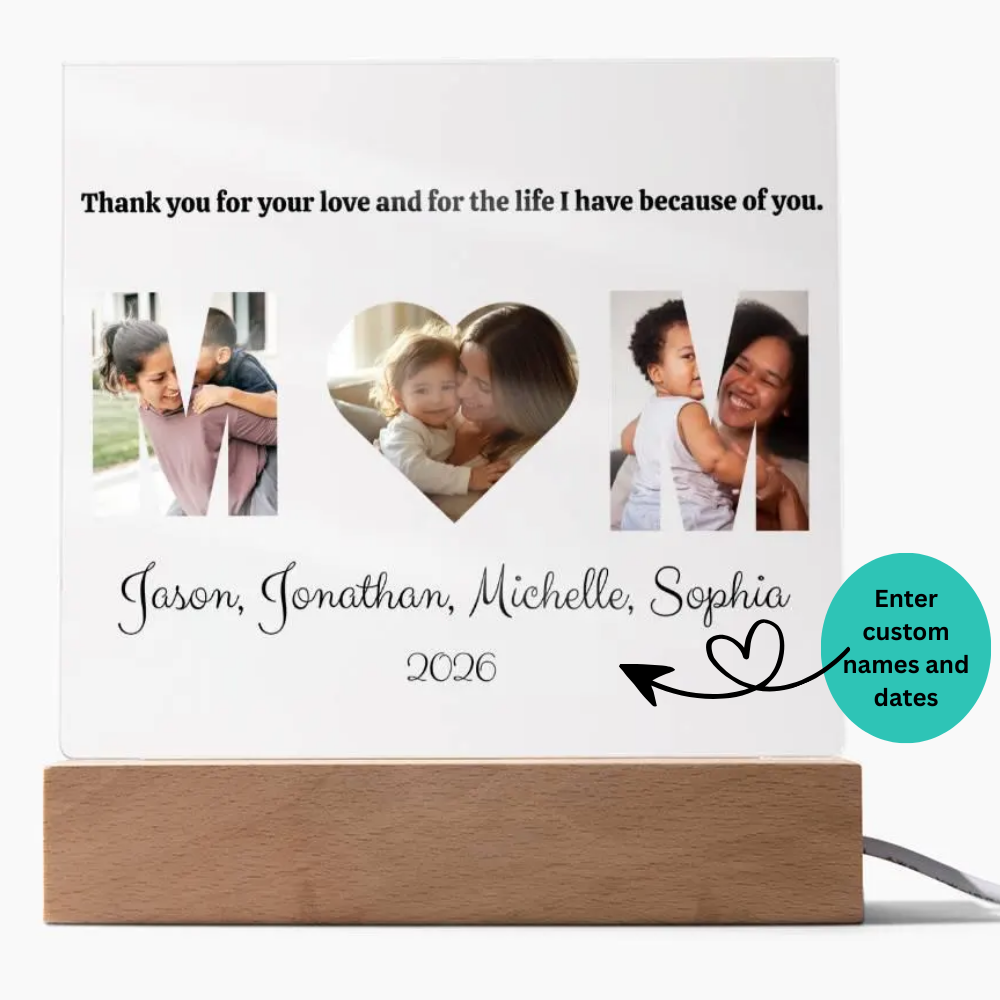 Personalized photo plaque with wooden base and cutout for photos, featuring text and a heart shape.