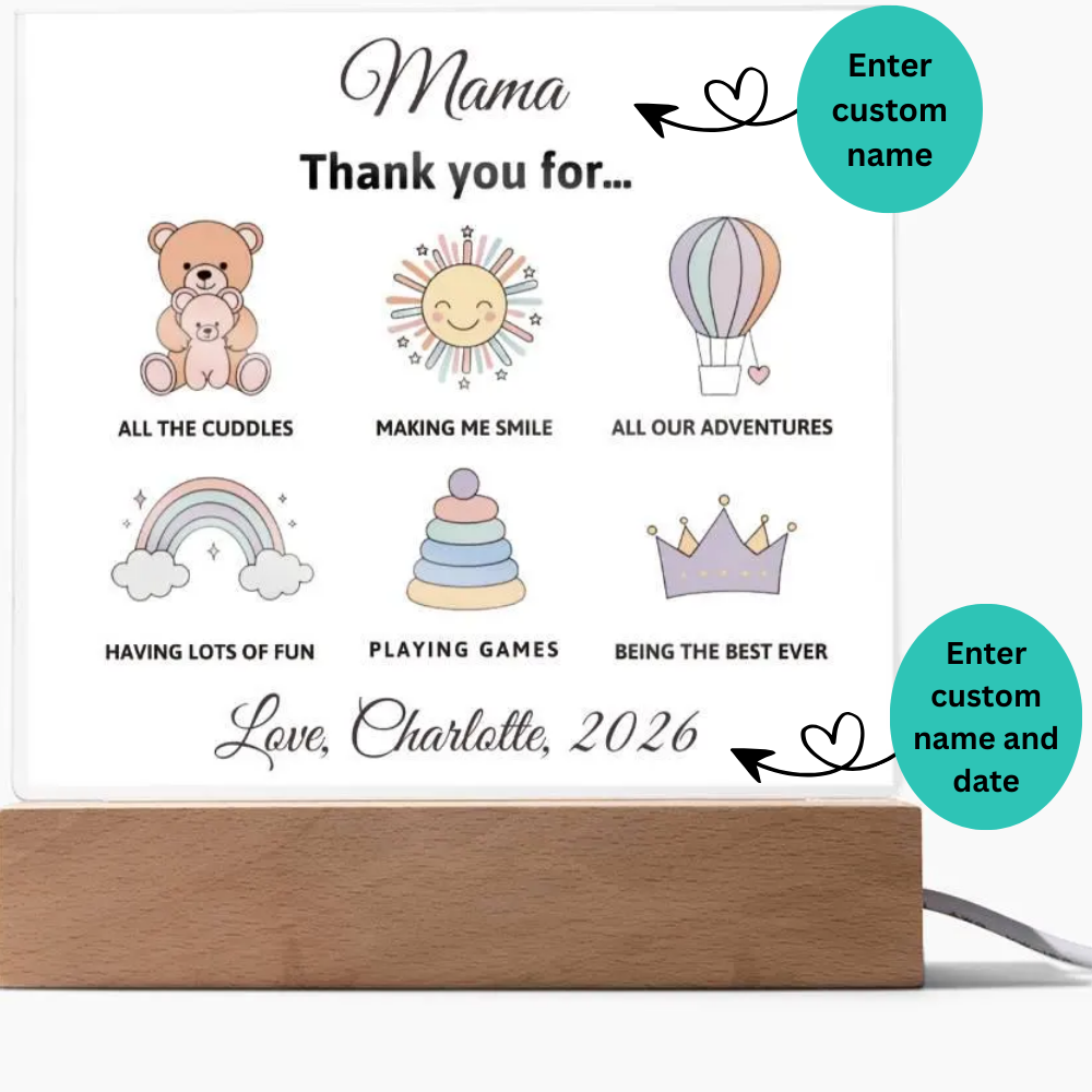 Personalized card with illustrations and text for a mother, featuring customizable elements.