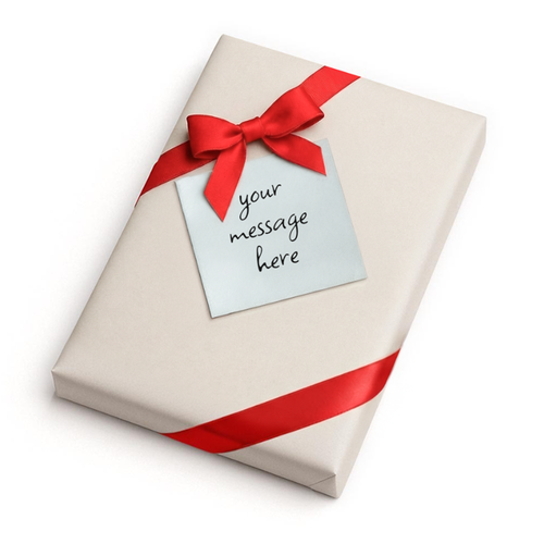Off-white gift wrapped journal tied with a red ribbon and personalized note reading your message here