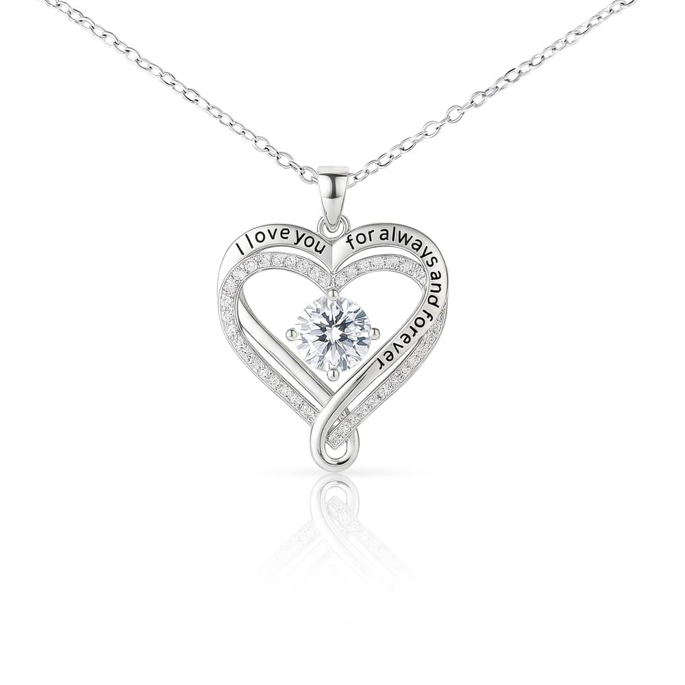 Heart-shaped white gold finish necklace with a cubic zirconia and 'I love you for always and forever' engraving on a white background.