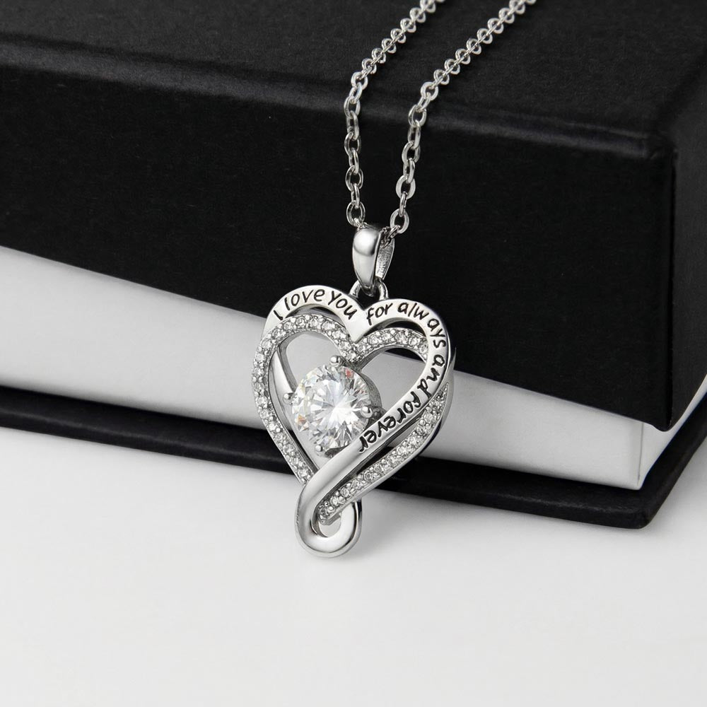 Heart-shaped White Gold Finish over Brass necklace with a cubic zirconia stone, with a black and white gift box