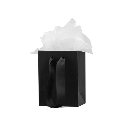 Black paper gift bag kit with woven handles and tissue paper for jewelry and gifts