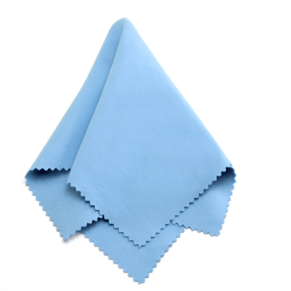 Square light blue jewelry polishing cloth for cleaning surgical steel, gold, and silver jewelry