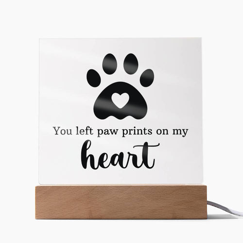 Pet loss memorial LED acrylic plaque reading You Left Paw Prints On My Heart on corded wooden light base