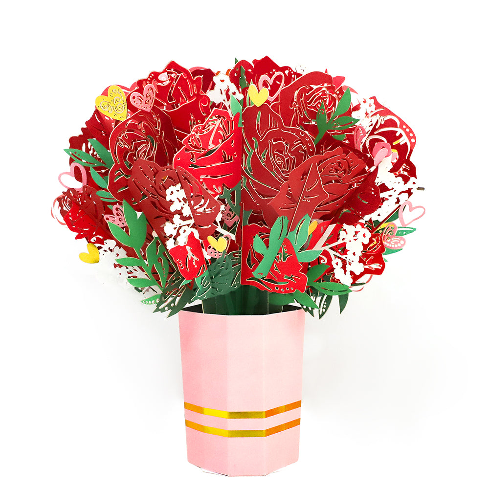 Pop-up paper flower bouquet collapsed flat inside a protective gift envelope