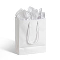 White paper medium gift bag with rope handles filled with matching white tissue paper