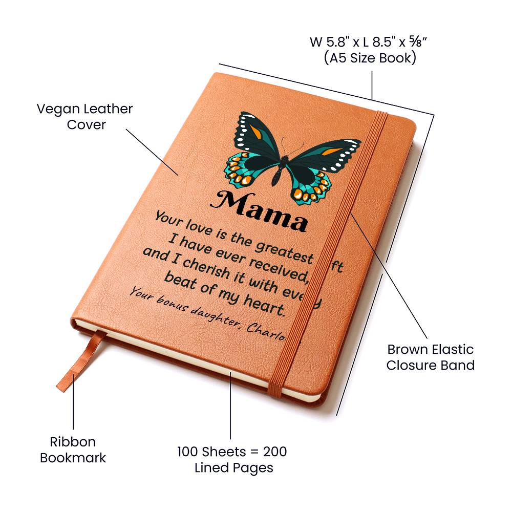 Notebook with butterfly design and text, labeled features on a white background