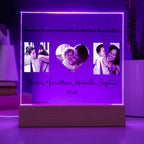 Personalized light box with family photos and text on a purple background, corded base