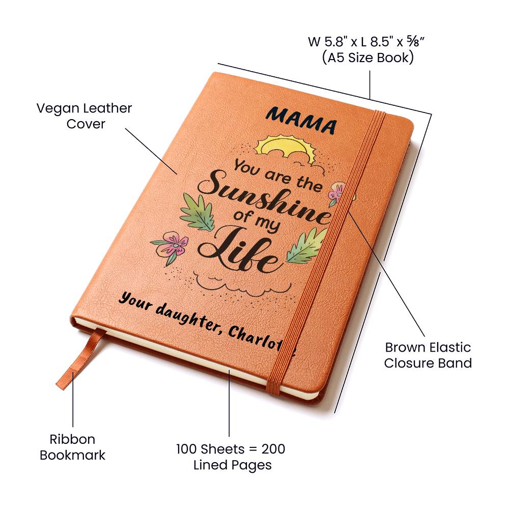 Notebook with 'MAMA You are the Sunshine of my Life' text and measurements on a white background