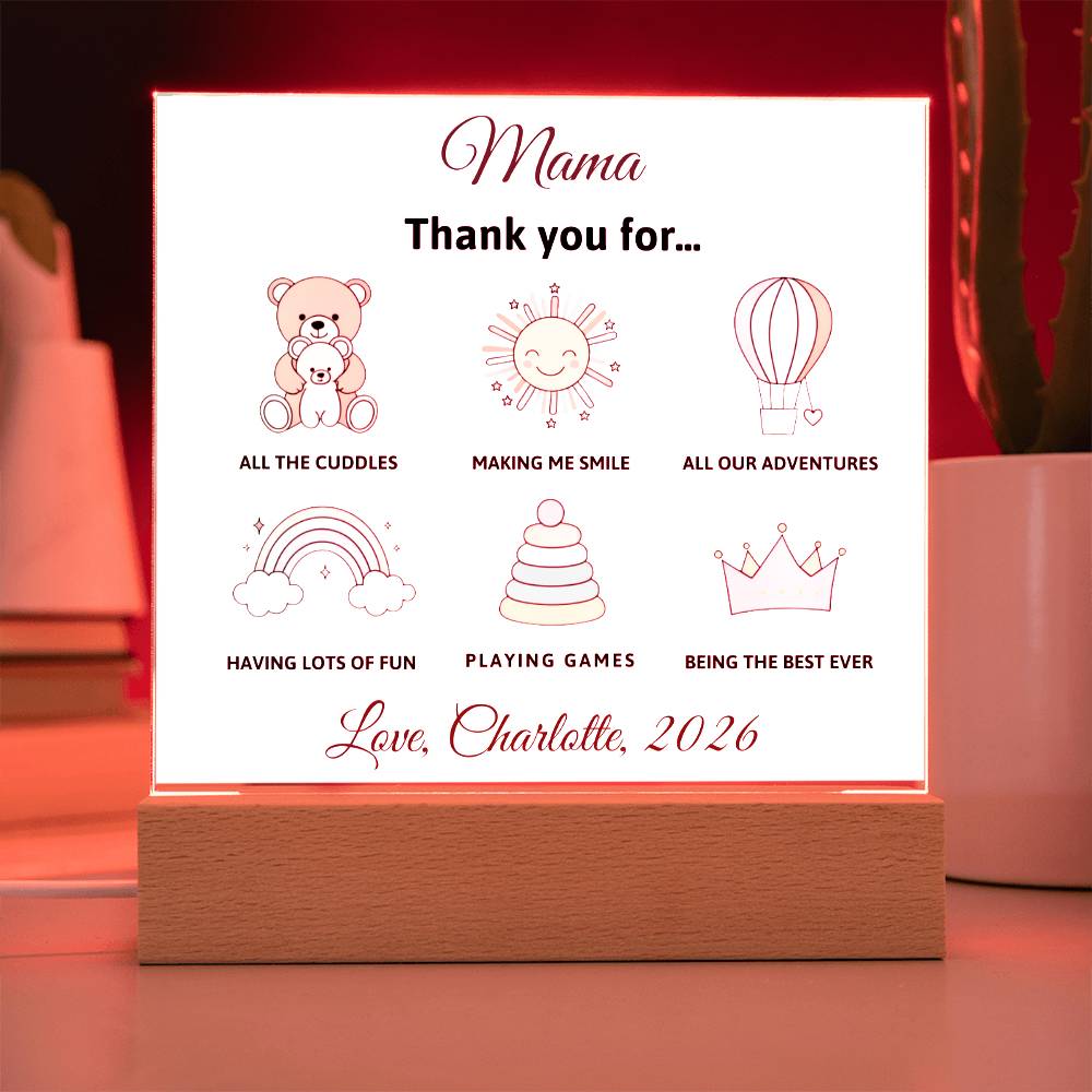 Personalized sign for Mama with illustrations and text on a wooden stand.