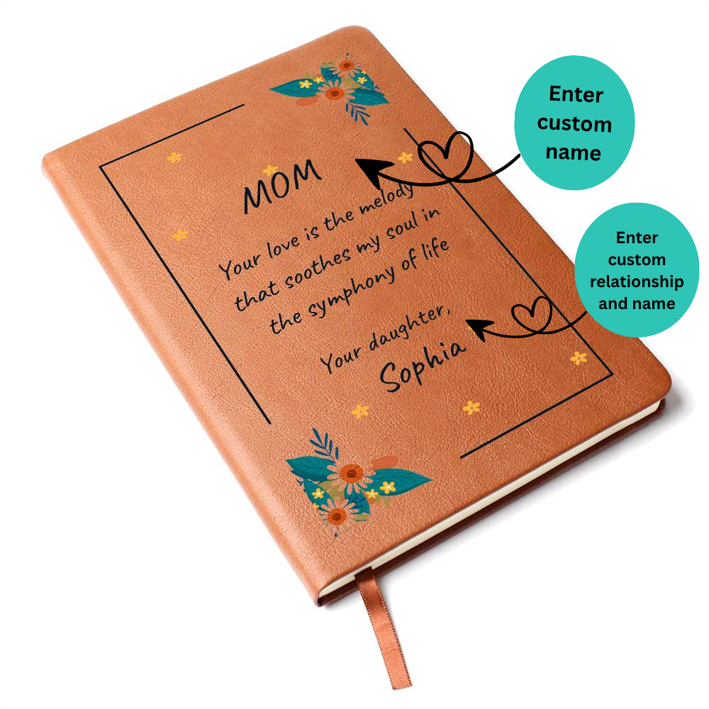 Personalized notebook for mom with decorative elements and text